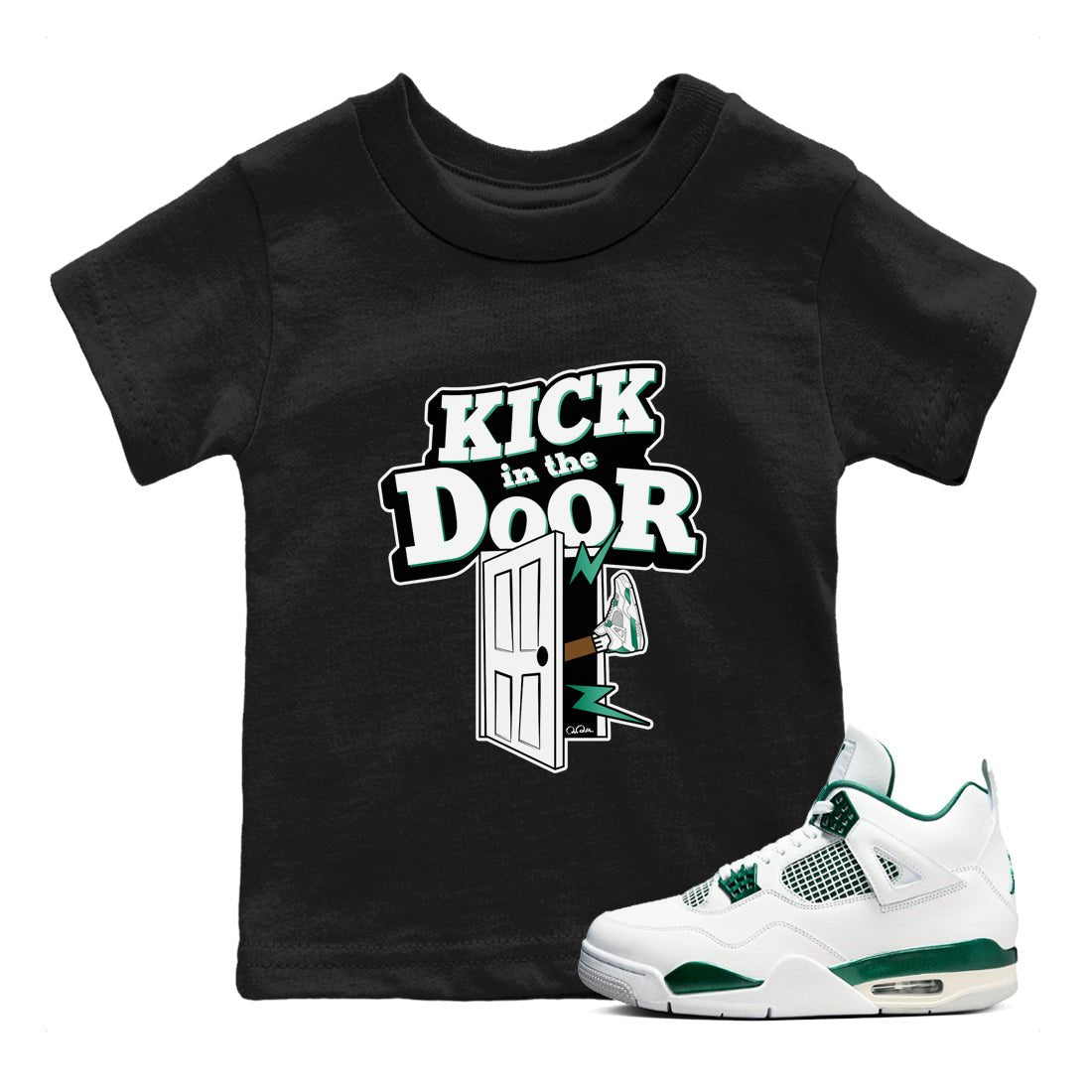 4s Oxidized Green shirts to match jordans Kick In The Door sneaker match tees Air Jordan 4 Oxidized Green SNRT Sneaker Tees streetwear brand Baby and Youth Black 1 cotton tee