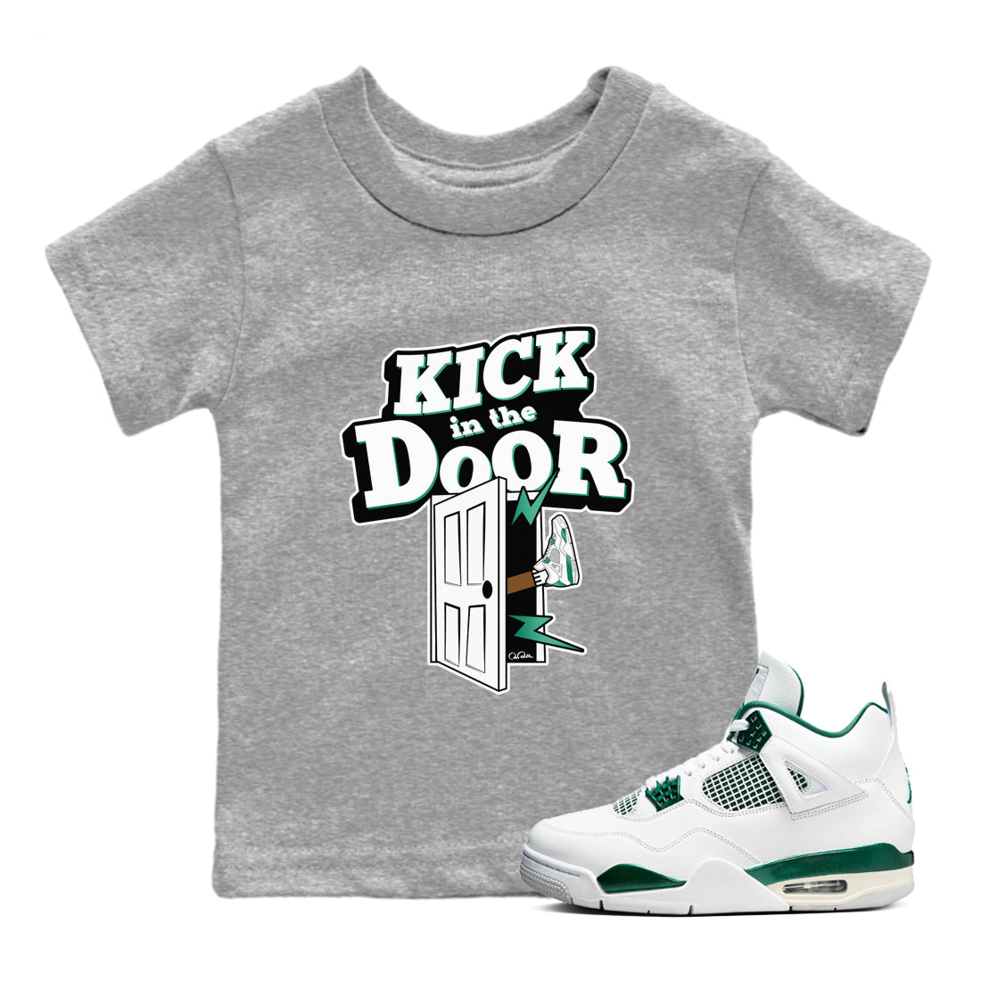 4s Oxidized Green shirts to match jordans Kick In The Door sneaker match tees Air Jordan 4 Oxidized Green SNRT Sneaker Tees streetwear brand Baby and Youth Heather Grey 1 cotton tee