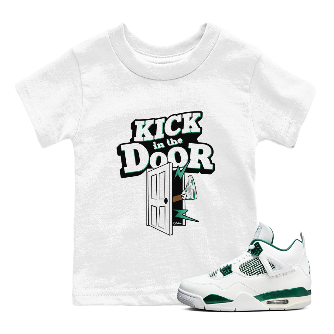 4s Oxidized Green shirts to match jordans Kick In The Door sneaker match tees Air Jordan 4 Oxidized Green SNRT Sneaker Tees streetwear brand Baby and Youth White 1 cotton tee