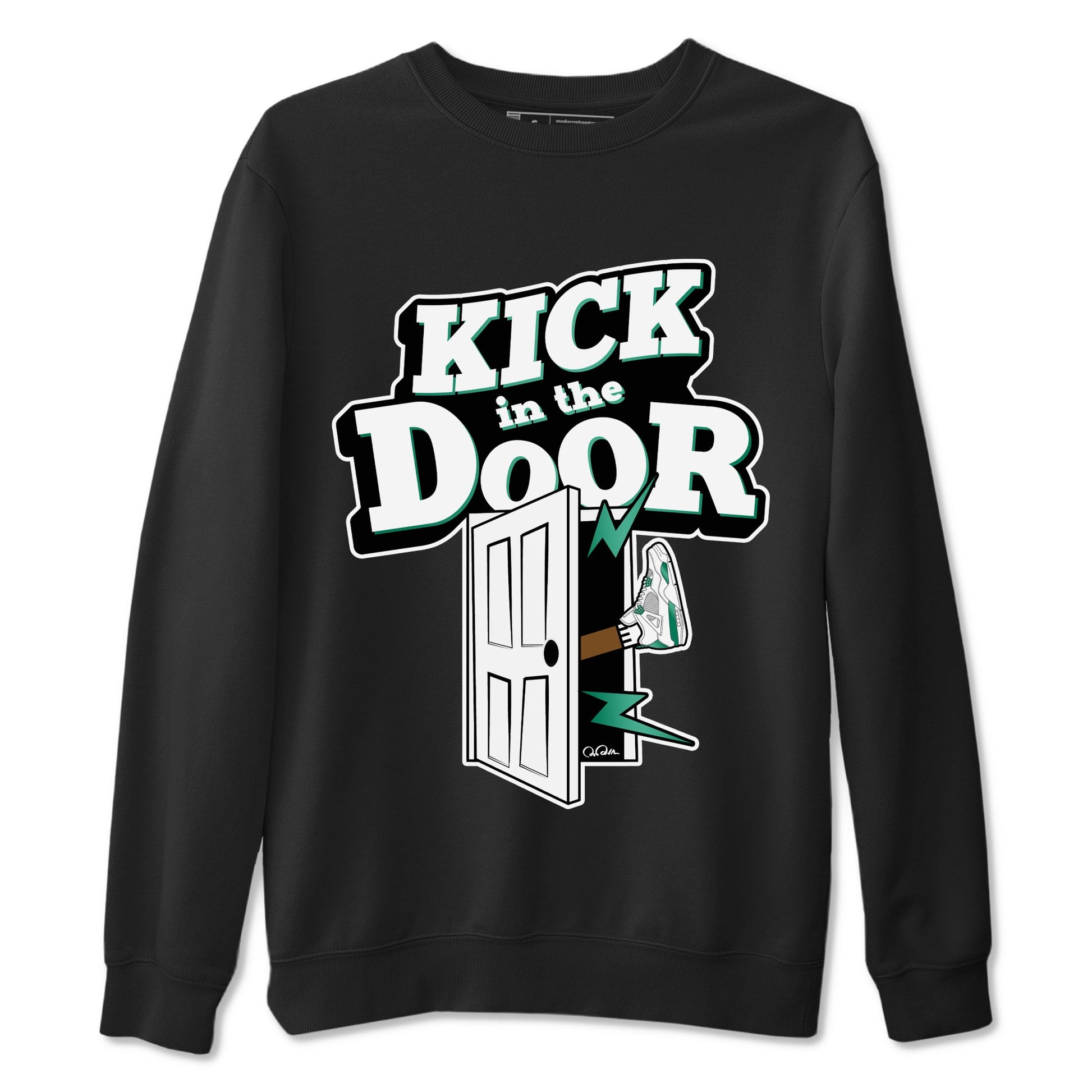 4s Oxidized Green shirts to match jordans Kick In The Door sneaker match tees Air Jordan 4 Oxidized Green SNRT Sneaker Tees streetwear brand Black 2 unisex cotton tee