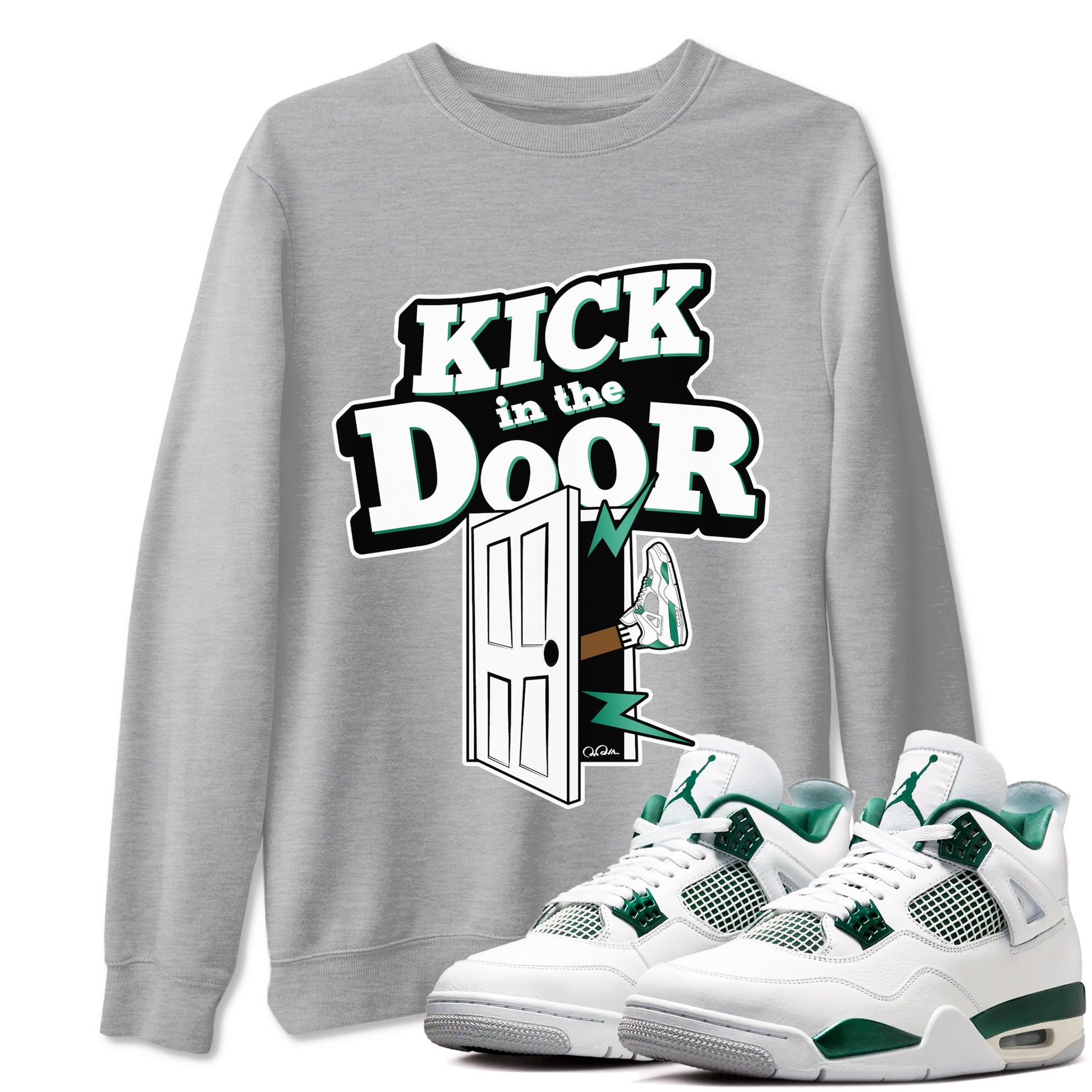 4s Oxidized Green shirts to match jordans Kick In The Door sneaker match tees Air Jordan 4 Oxidized Green SNRT Sneaker Tees streetwear brand Heather Grey 1 unisex cotton tee