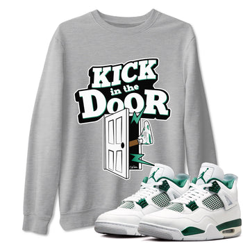 4s Oxidized Green shirts to match jordans Kick In The Door sneaker match tees Air Jordan 4 Oxidized Green SNRT Sneaker Tees streetwear brand Heather Grey 1 unisex cotton tee