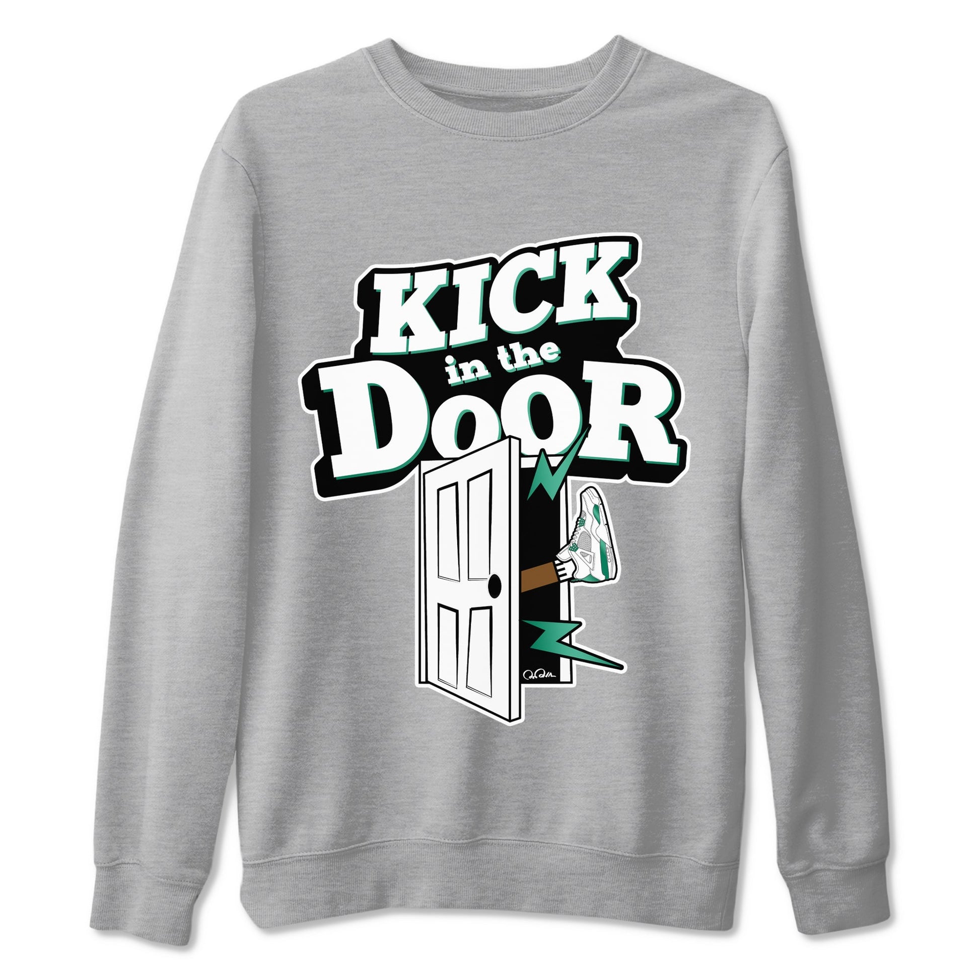 4s Oxidized Green shirts to match jordans Kick In The Door sneaker match tees Air Jordan 4 Oxidized Green SNRT Sneaker Tees streetwear brand Heather Grey 2 unisex cotton tee