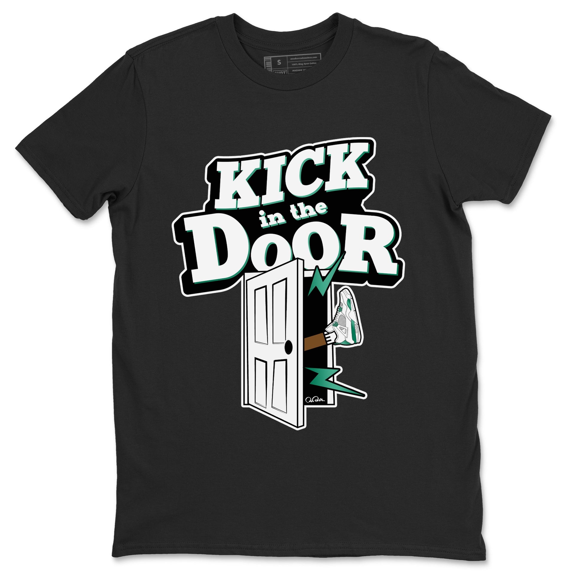 4s Oxidized Green shirts to match jordans Kick In The Door sneaker match tees Air Jordan 4 Oxidized Green SNRT Sneaker Tees streetwear brand Black 2 unisex cotton tee