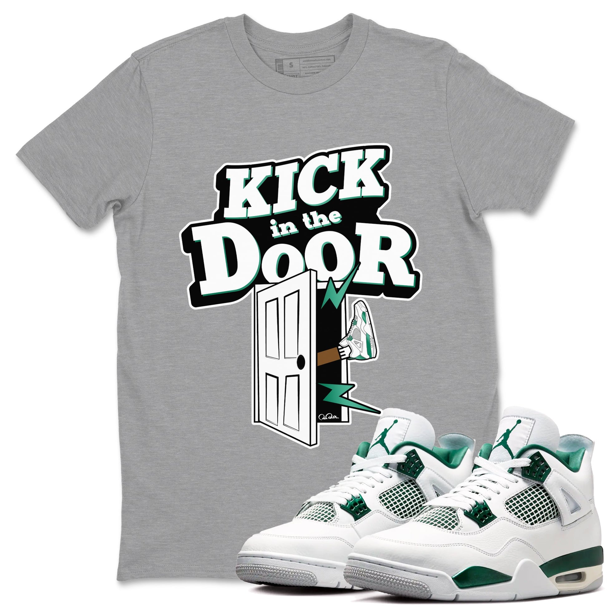 4s Oxidized Green shirts to match jordans Kick In The Door sneaker match tees Air Jordan 4 Oxidized Green SNRT Sneaker Tees streetwear brand Heather Grey 1 unisex cotton tee