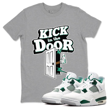 4s Oxidized Green shirts to match jordans Kick In The Door sneaker match tees Air Jordan 4 Oxidized Green SNRT Sneaker Tees streetwear brand Heather Grey 1 unisex cotton tee