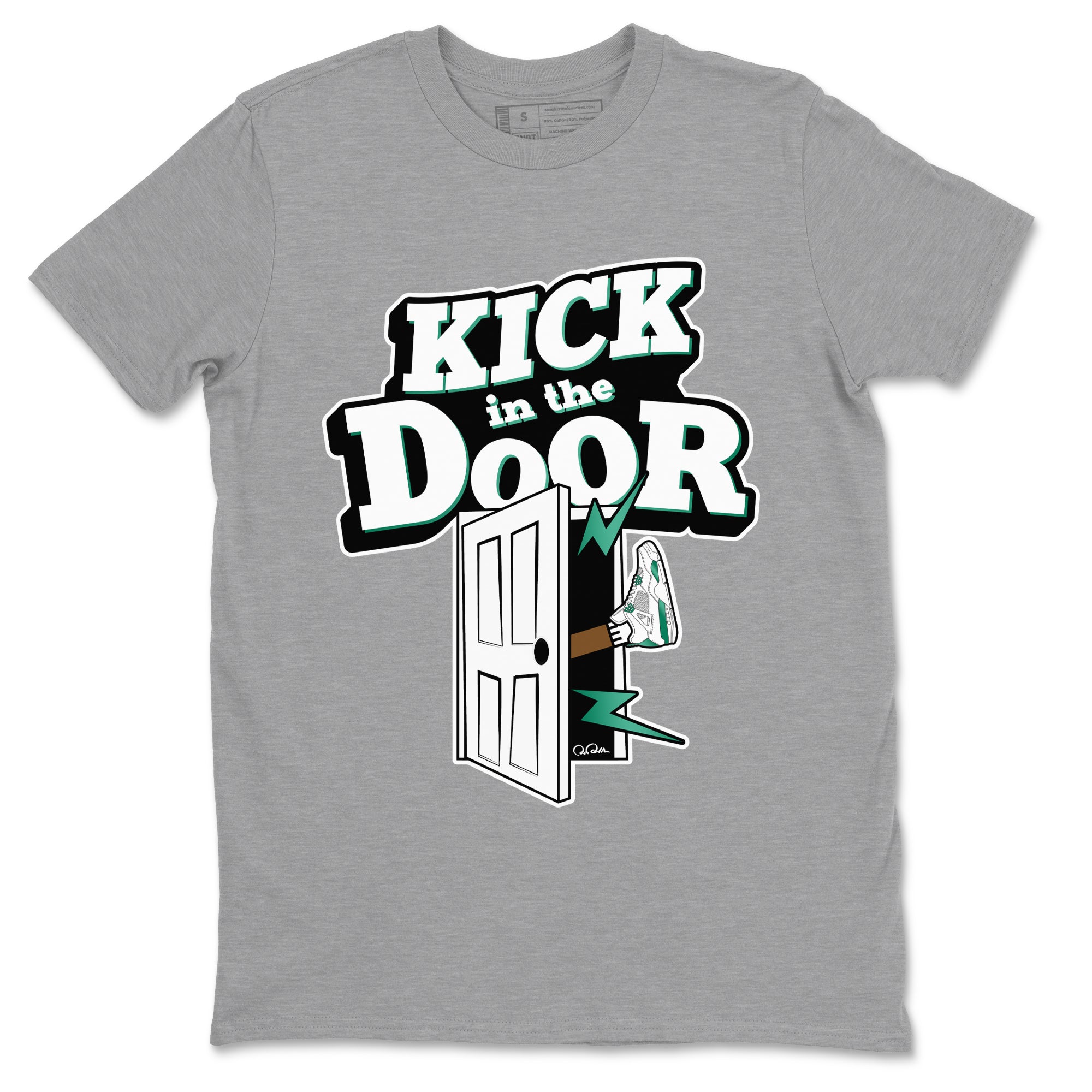 4s Oxidized Green shirts to match jordans Kick In The Door sneaker match tees Air Jordan 4 Oxidized Green SNRT Sneaker Tees streetwear brand Heather Grey 2 unisex cotton tee