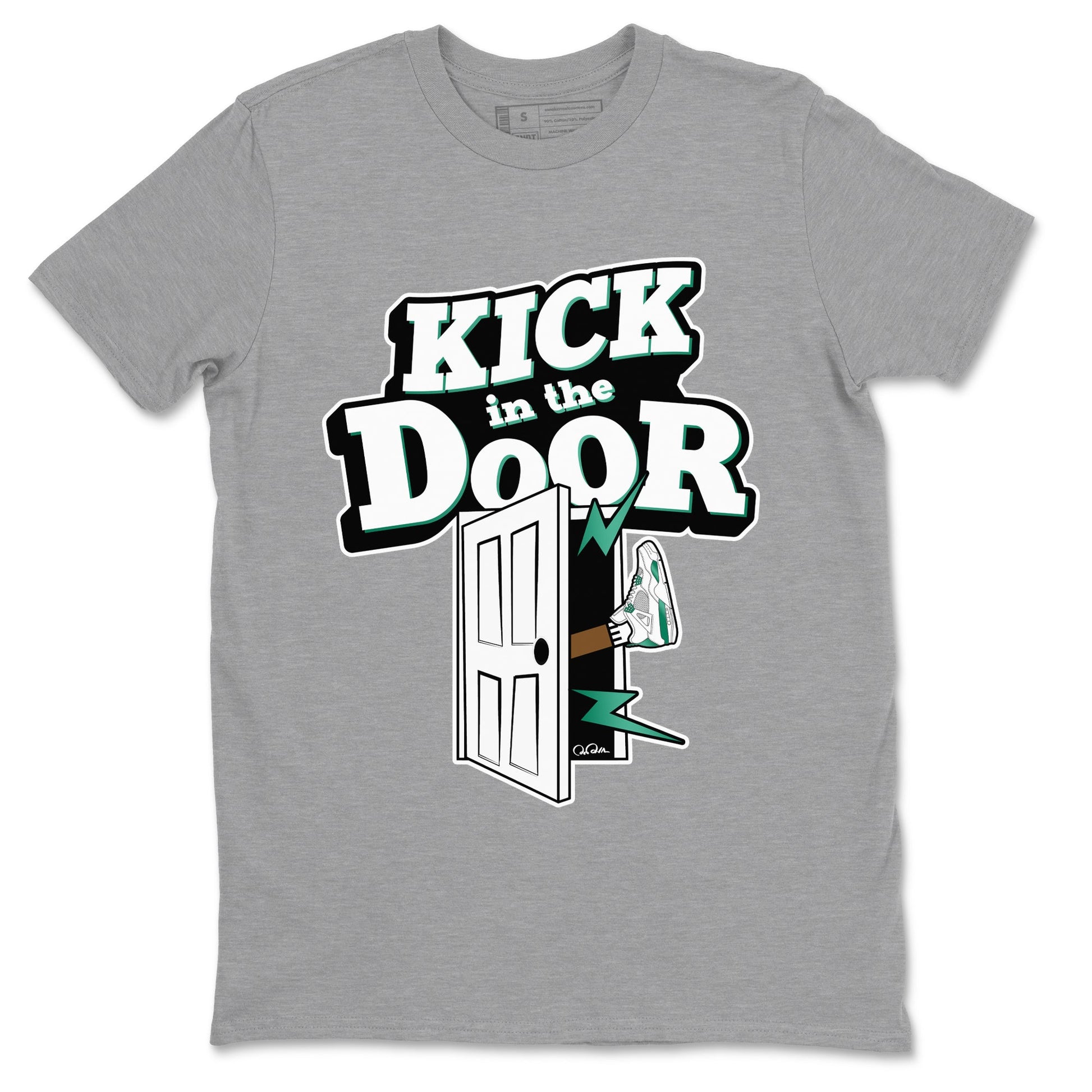 4s Oxidized Green shirts to match jordans Kick In The Door sneaker match tees Air Jordan 4 Oxidized Green SNRT Sneaker Tees streetwear brand Heather Grey 2 unisex cotton tee