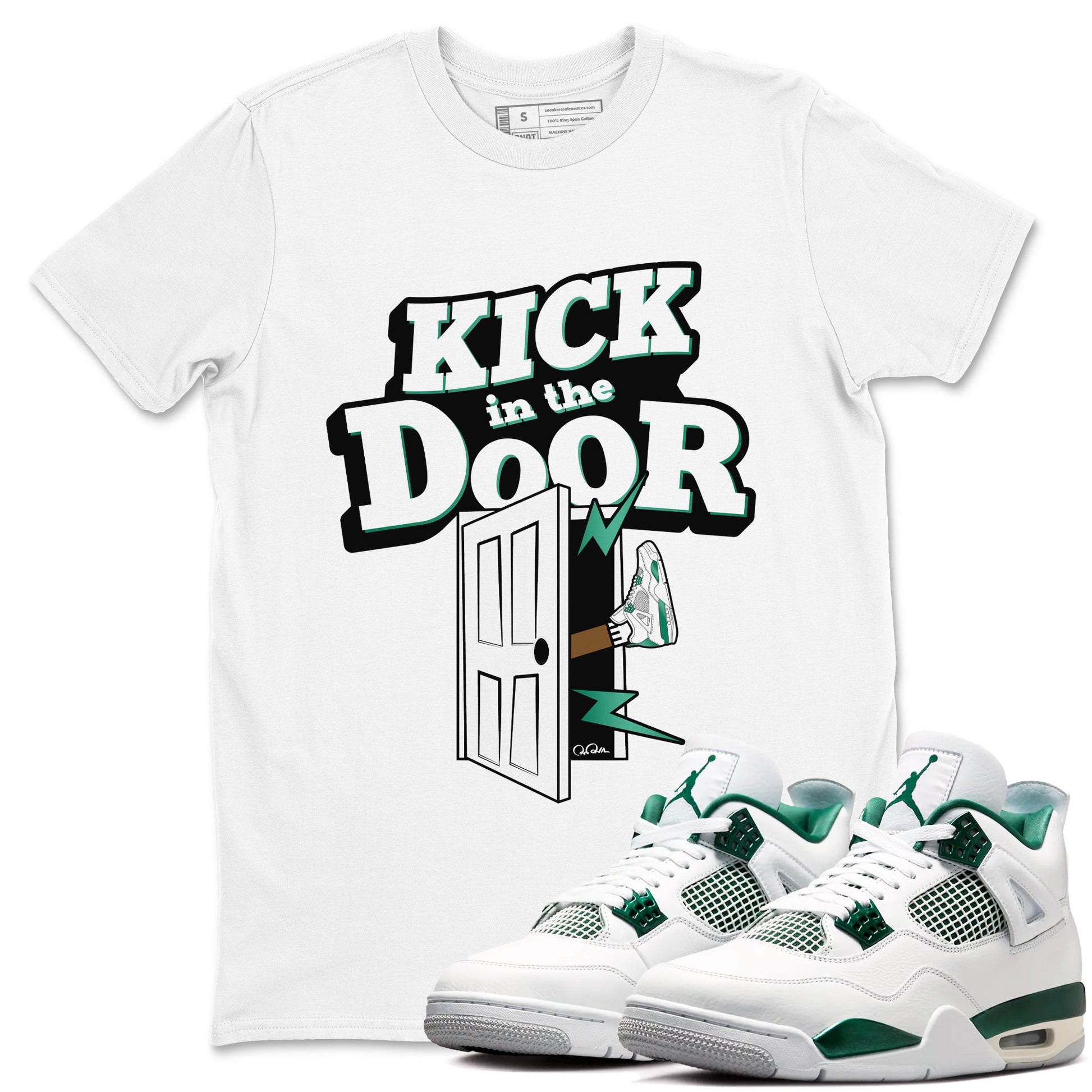 4s Oxidized Green shirts to match jordans Kick In The Door sneaker match tees Air Jordan 4 Oxidized Green SNRT Sneaker Tees streetwear brand White 1 unisex cotton tee