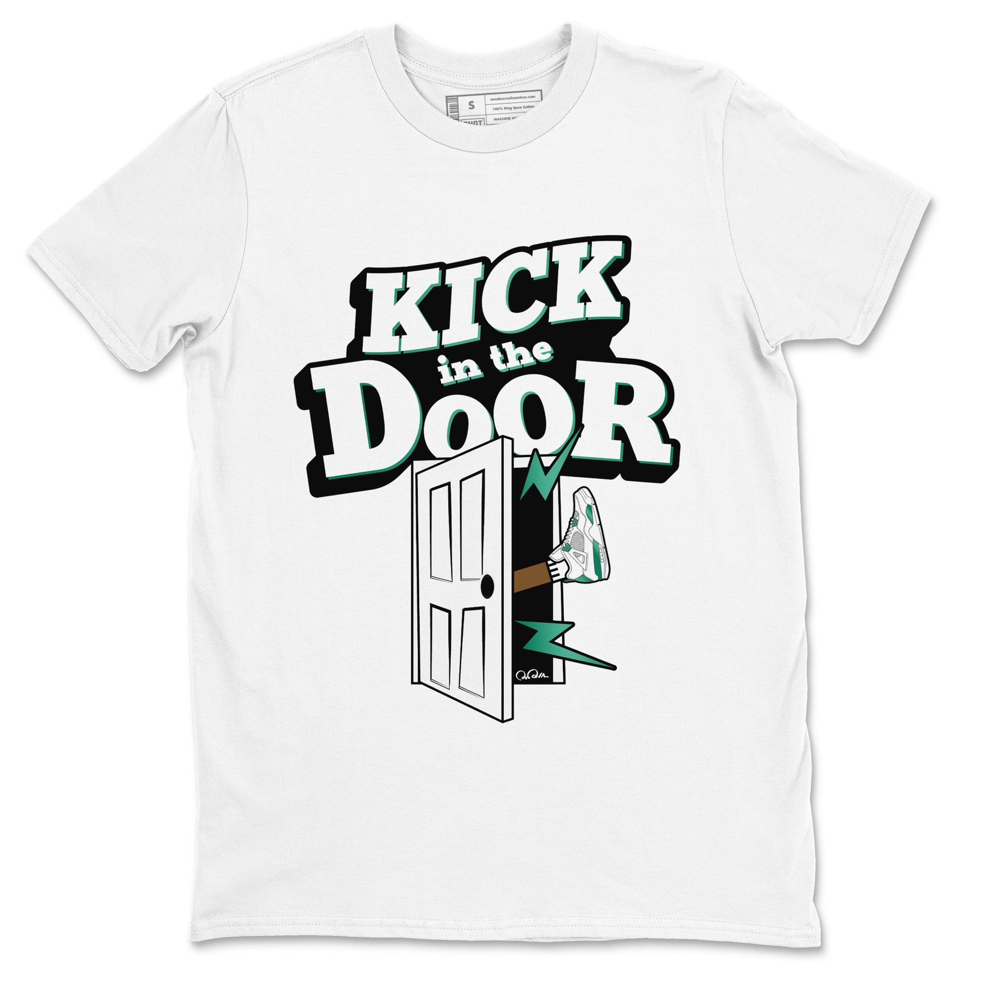 4s Oxidized Green shirts to match jordans Kick In The Door sneaker match tees Air Jordan 4 Oxidized Green SNRT Sneaker Tees streetwear brand White 2 unisex cotton tee