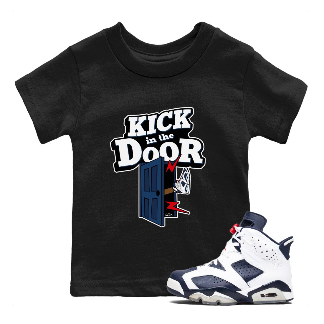 6s White And Midnight Navy shirts to match jordans Kick In The Door sneaker match tees Air Jordan 6 White And Midnight Navy SNRT Sneaker Tees streetwear brand Baby and Youth Black 1 cotton tee