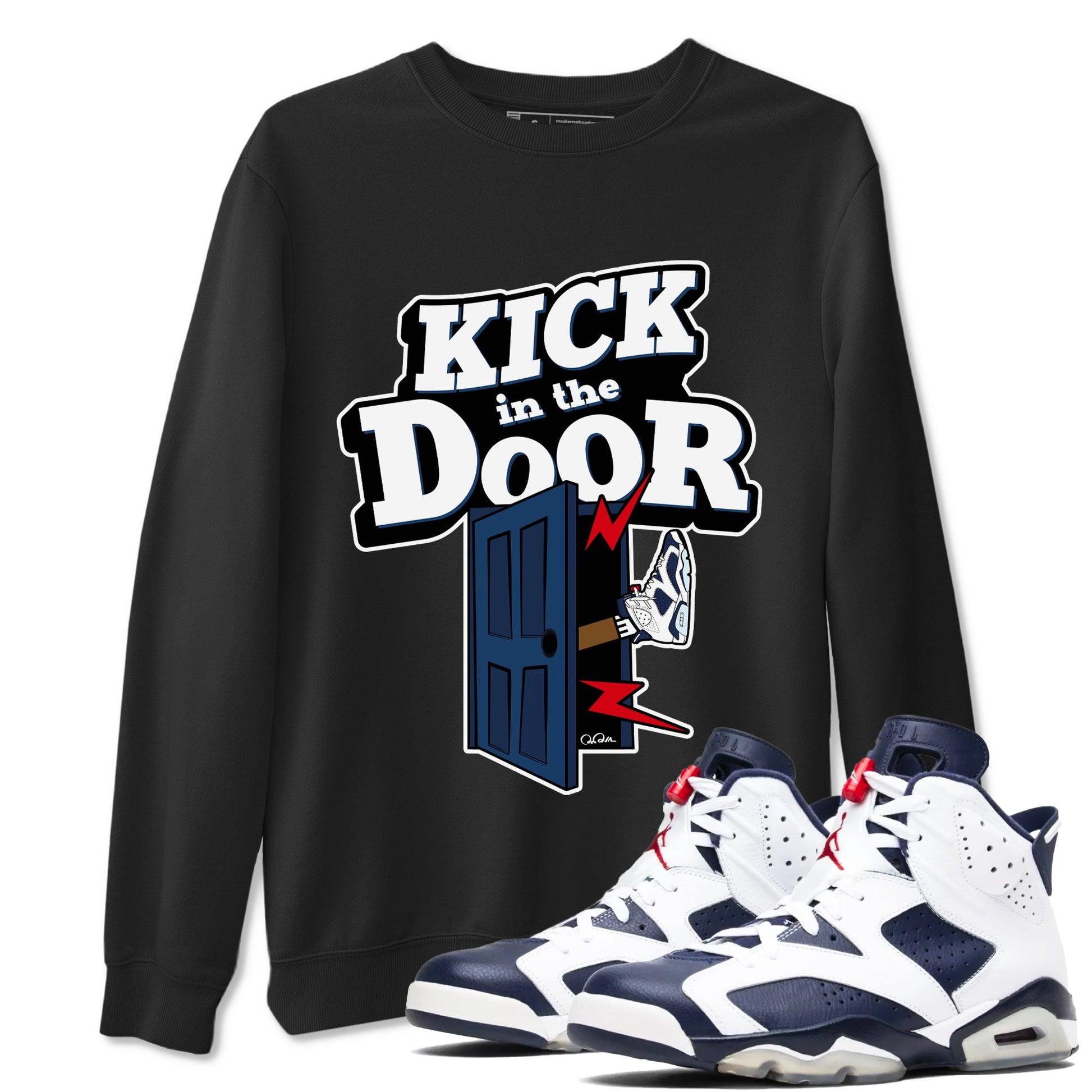 6s White And Midnight Navy shirts to match jordans Kick In The Door sneaker match tees Air Jordan 6 White And Midnight Navy SNRT Sneaker Tees streetwear brand Black 1 unisex cotton tee