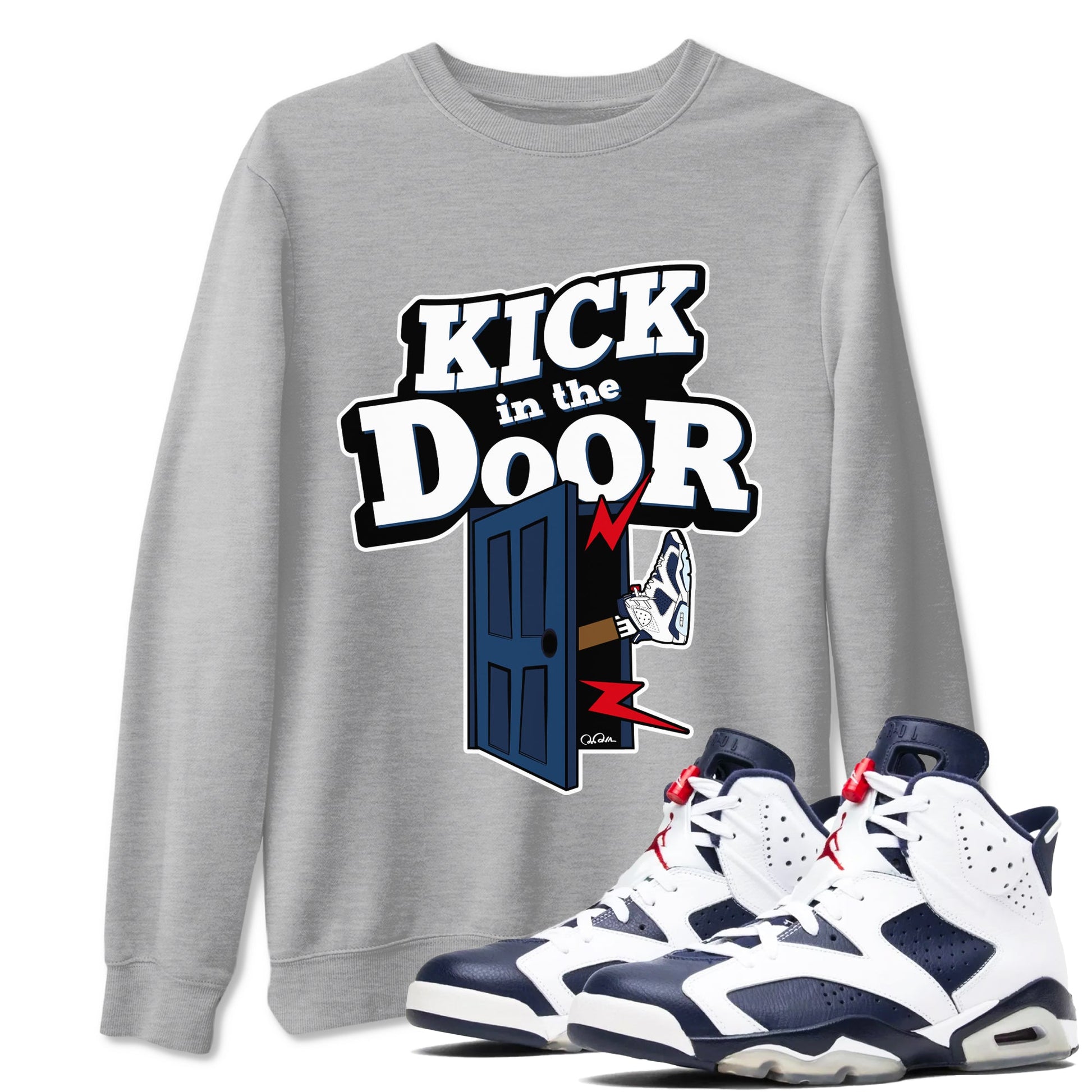 6s White And Midnight Navy shirts to match jordans Kick In The Door sneaker match tees Air Jordan 6 White And Midnight Navy SNRT Sneaker Tees streetwear brand Heather Grey 1 unisex cotton tee