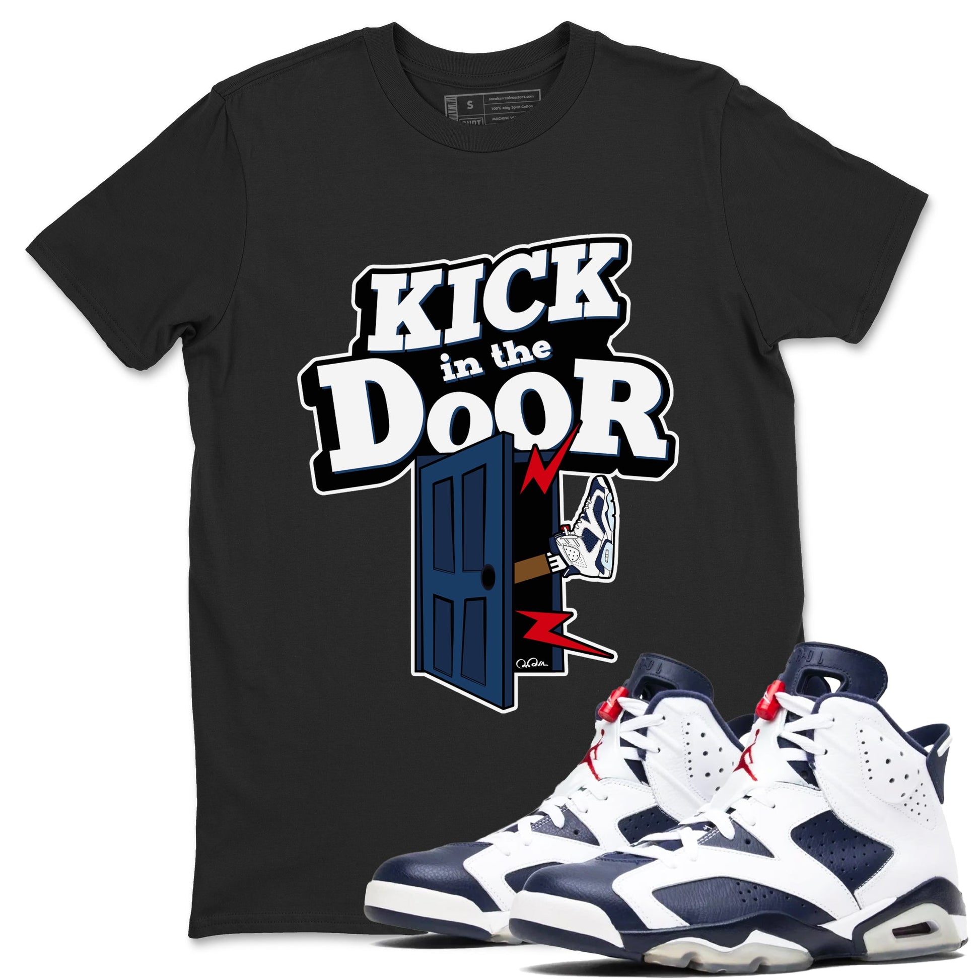 6s White And Midnight Navy shirts to match jordans Kick In The Door sneaker match tees Air Jordan 6 White And Midnight Navy SNRT Sneaker Tees streetwear brand Black 1 unisex cotton tee