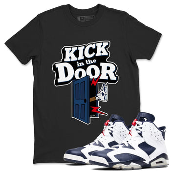 6s White And Midnight Navy shirts to match jordans Kick In The Door sneaker match tees Air Jordan 6 White And Midnight Navy SNRT Sneaker Tees streetwear brand Black 1 unisex cotton tee