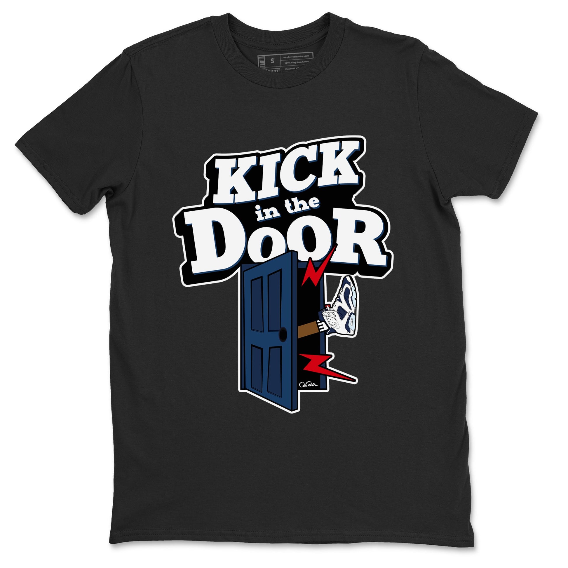 6s White And Midnight Navy shirts to match jordans Kick In The Door sneaker match tees Air Jordan 6 White And Midnight Navy SNRT Sneaker Tees streetwear brand Black 2 unisex cotton tee
