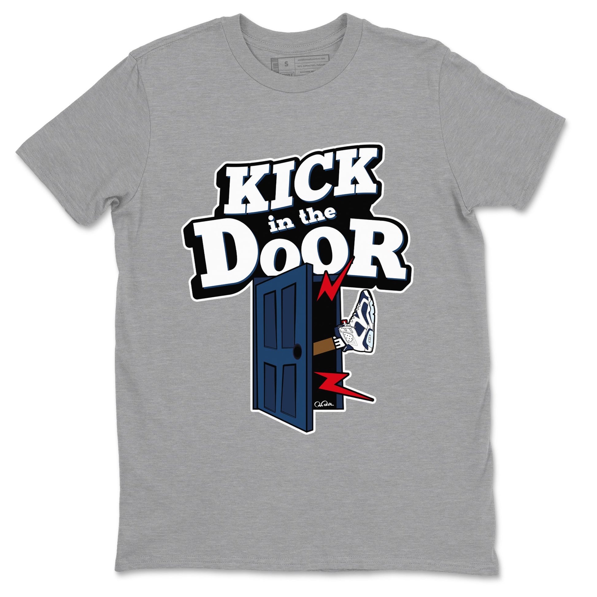 6s White And Midnight Navy shirts to match jordans Kick In The Door sneaker match tees Air Jordan 6 White And Midnight Navy SNRT Sneaker Tees streetwear brand Heather Grey 2 unisex cotton tee