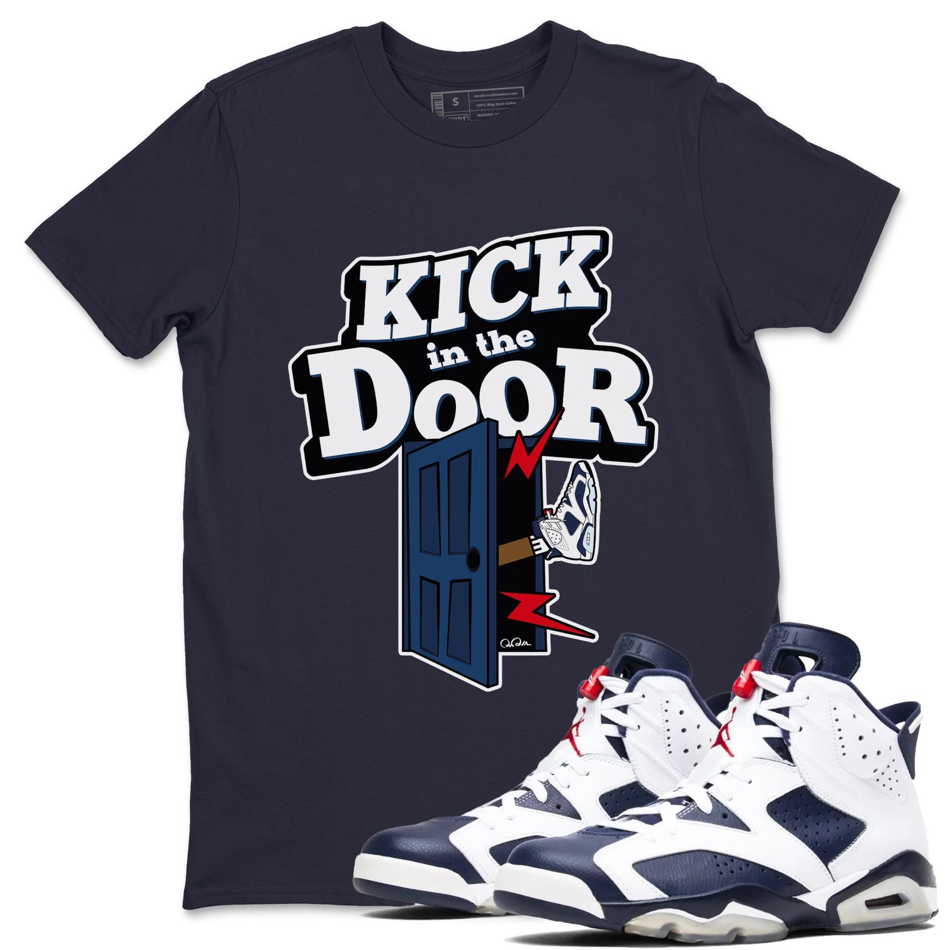 6s White And Midnight Navy shirts to match jordans Kick In The Door sneaker match tees Air Jordan 6 White And Midnight Navy SNRT Sneaker Tees streetwear brand Navy 1 unisex cotton tee