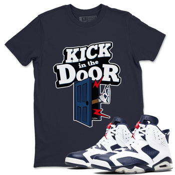 6s White And Midnight Navy shirts to match jordans Kick In The Door sneaker match tees Air Jordan 6 White And Midnight Navy SNRT Sneaker Tees streetwear brand Navy 1 unisex cotton tee