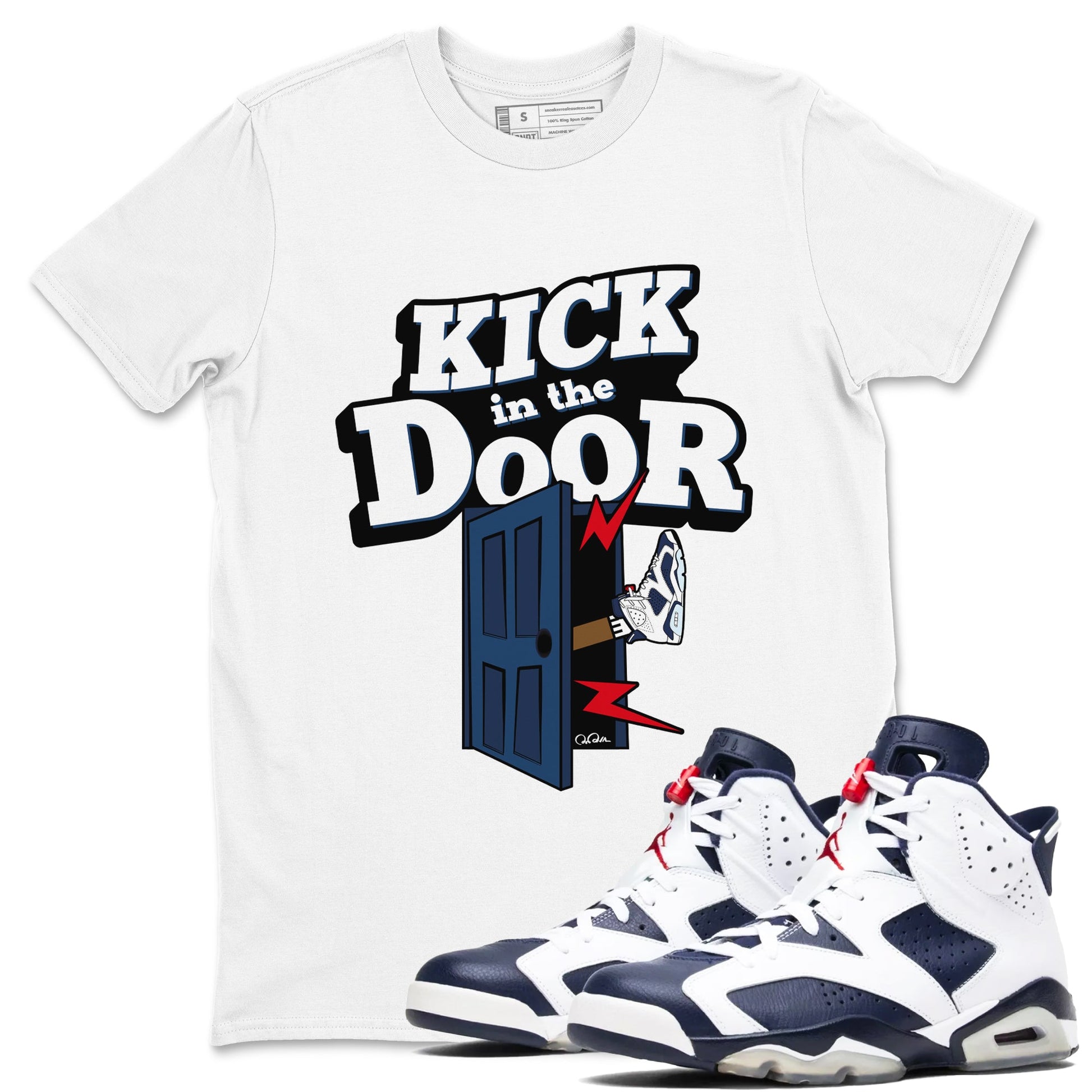 6s White And Midnight Navy shirts to match jordans Kick In The Door sneaker match tees Air Jordan 6 White And Midnight Navy SNRT Sneaker Tees streetwear brand White 1 unisex cotton tee
