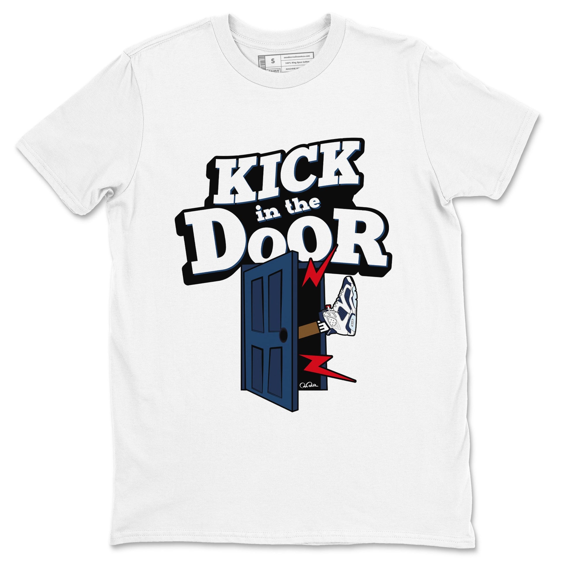 6s White And Midnight Navy shirts to match jordans Kick In The Door sneaker match tees Air Jordan 6 White And Midnight Navy SNRT Sneaker Tees streetwear brand White 2 unisex cotton tee