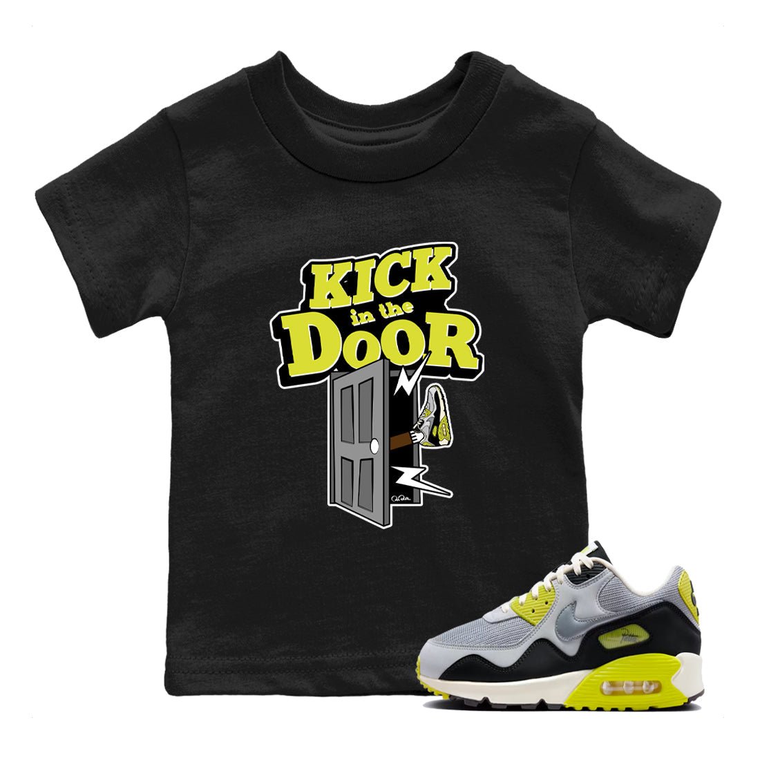 Kick In The Door baby and kids t-shirt crafted for little sneakerheads to shine with the Air Max 90 Cyber sneakers, displayed in Black 1.