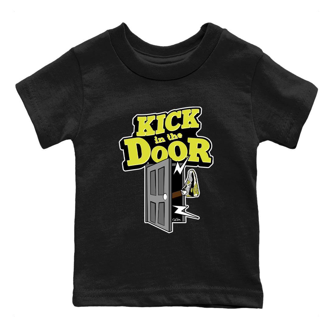 Kick In The Door baby and kids t-shirt crafted for little sneakerheads to shine with the Air Max 90 Cyber sneakers, displayed in Black 2.