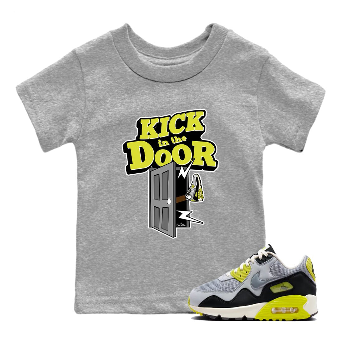 Kick In The Door baby and kids t-shirt crafted for little sneakerheads to shine with the Air Max 90 Cyber sneakers, displayed in Heather Grey 1.