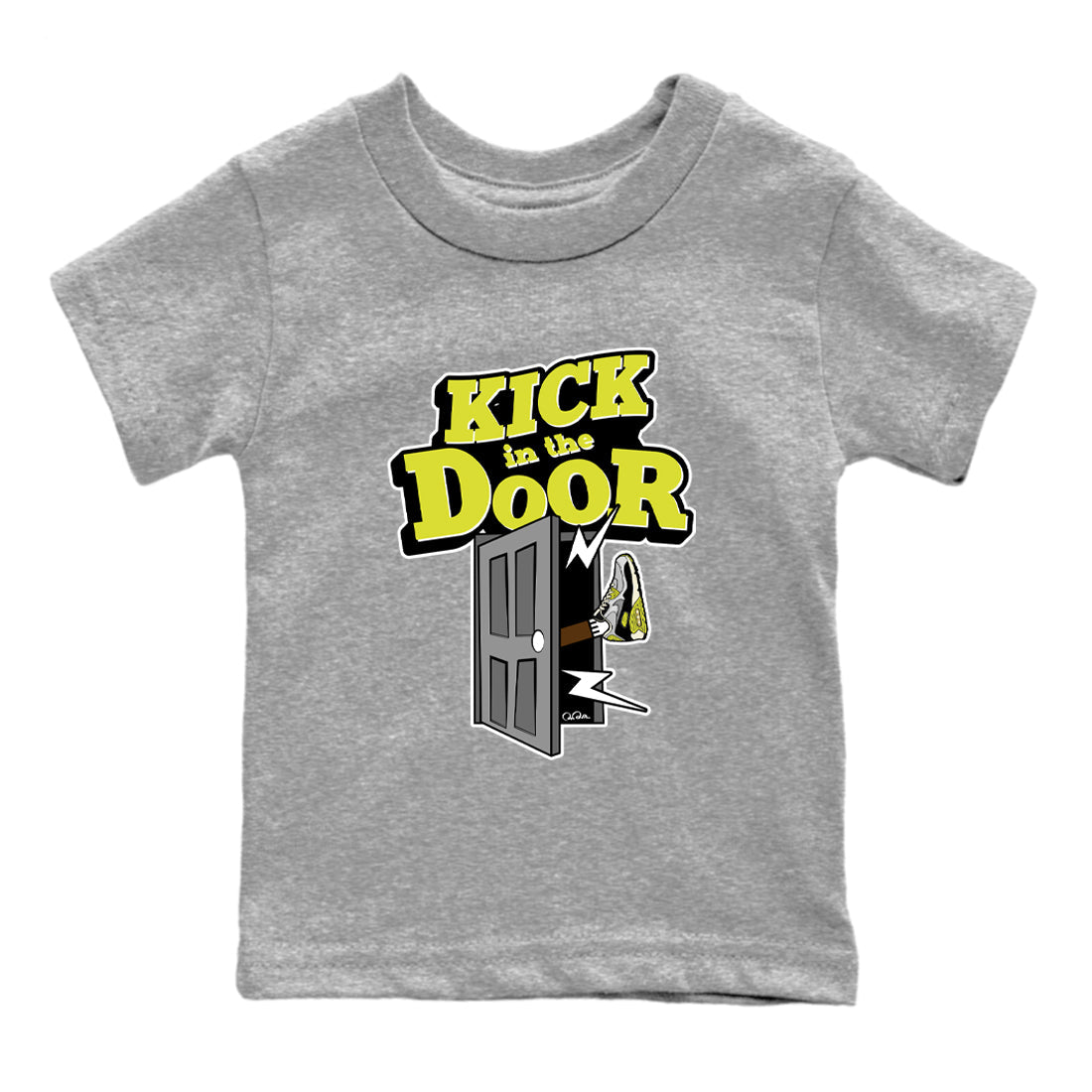 Kick In The Door baby and kids t-shirt crafted for little sneakerheads to shine with the Air Max 90 Cyber sneakers, displayed in Heather Grey 2.