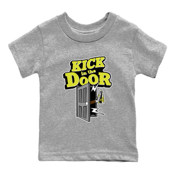 Kick In The Door baby and kids t-shirt crafted for little sneakerheads to shine with the Air Max 90 Cyber sneakers, displayed in Heather Grey 2.