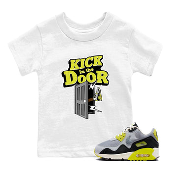 Kick In The Door baby and kids t-shirt crafted for little sneakerheads to shine with the Air Max 90 Cyber sneakers, displayed in White 1.