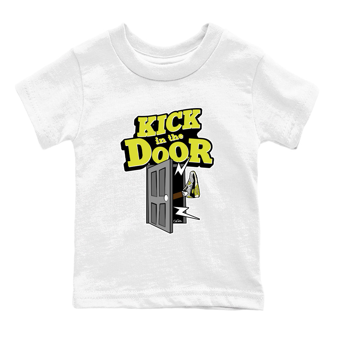 Kick In The Door baby and kids t-shirt crafted for little sneakerheads to shine with the Air Max 90 Cyber sneakers, displayed in White 2.