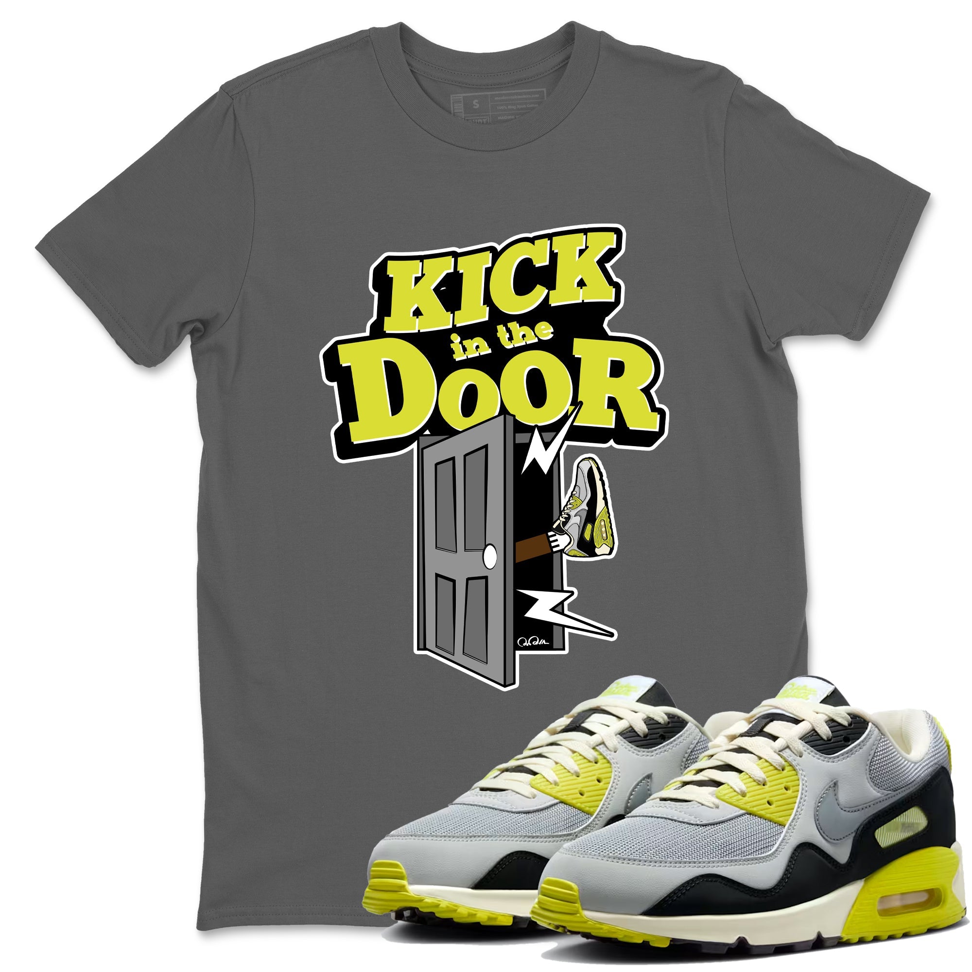 Kick In The Door sneaker match t-shirt styled to complete your fit with the Air Max 90 Cyber sneakers, shown in Cool Grey 1.