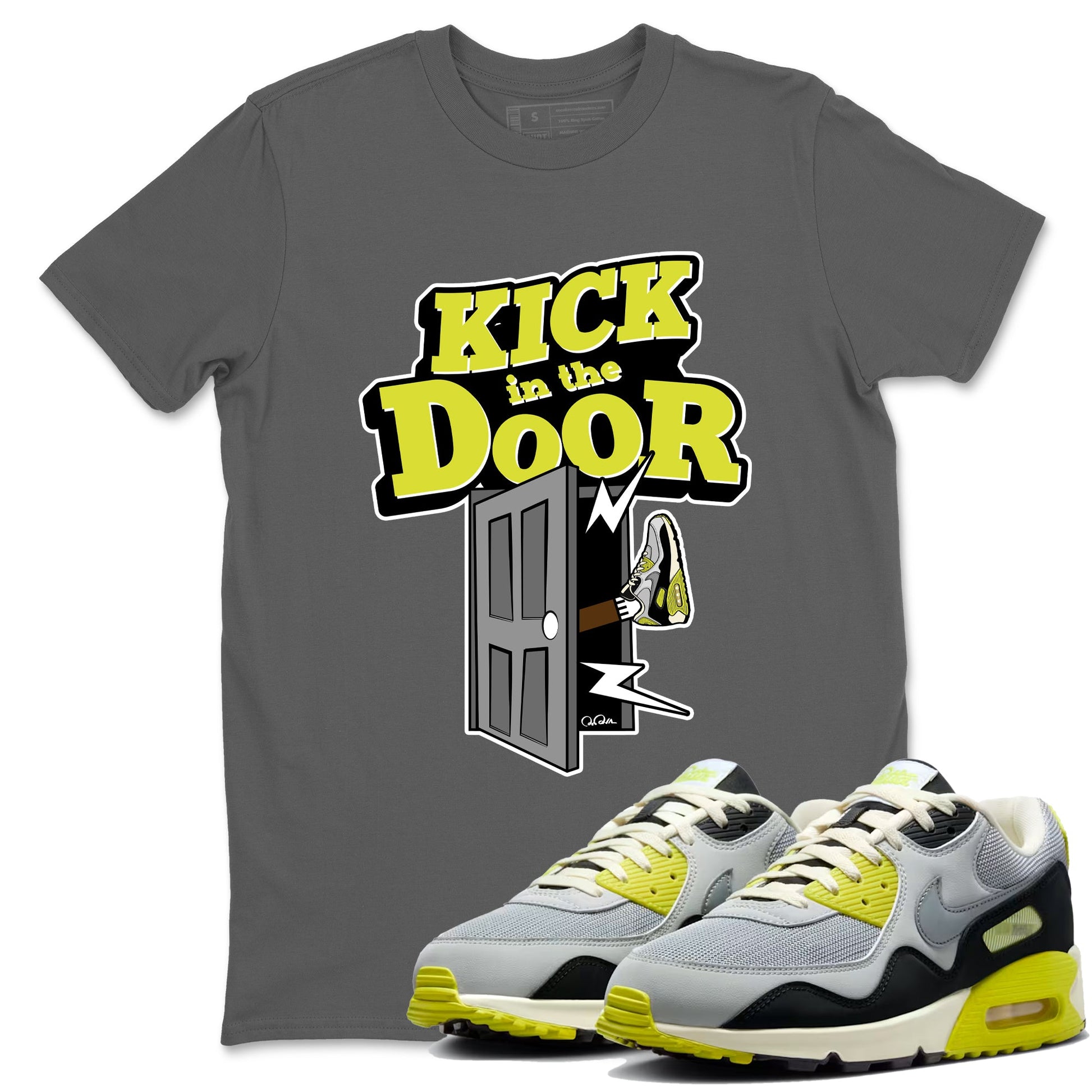 Kick In The Door sneaker match t-shirt styled to complete your fit with the Air Max 90 Cyber sneakers, shown in Cool Grey 1.