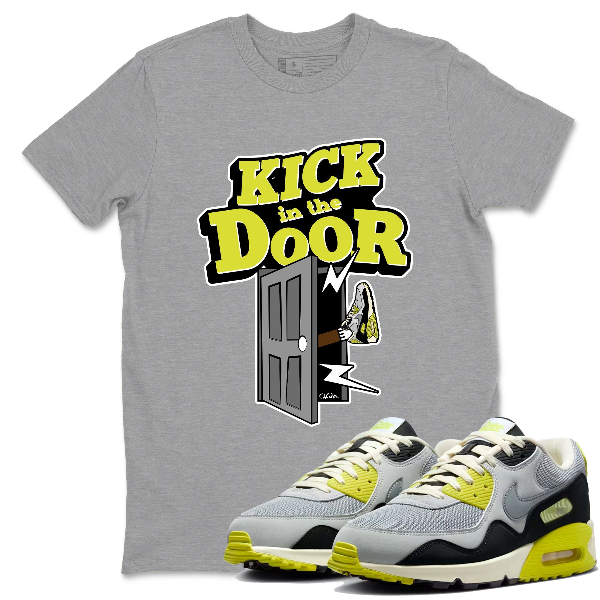 Kick In The Door sneaker match t-shirt styled to complete your fit with the Air Max 90 Cyber sneakers, shown in Heather Grey 1.