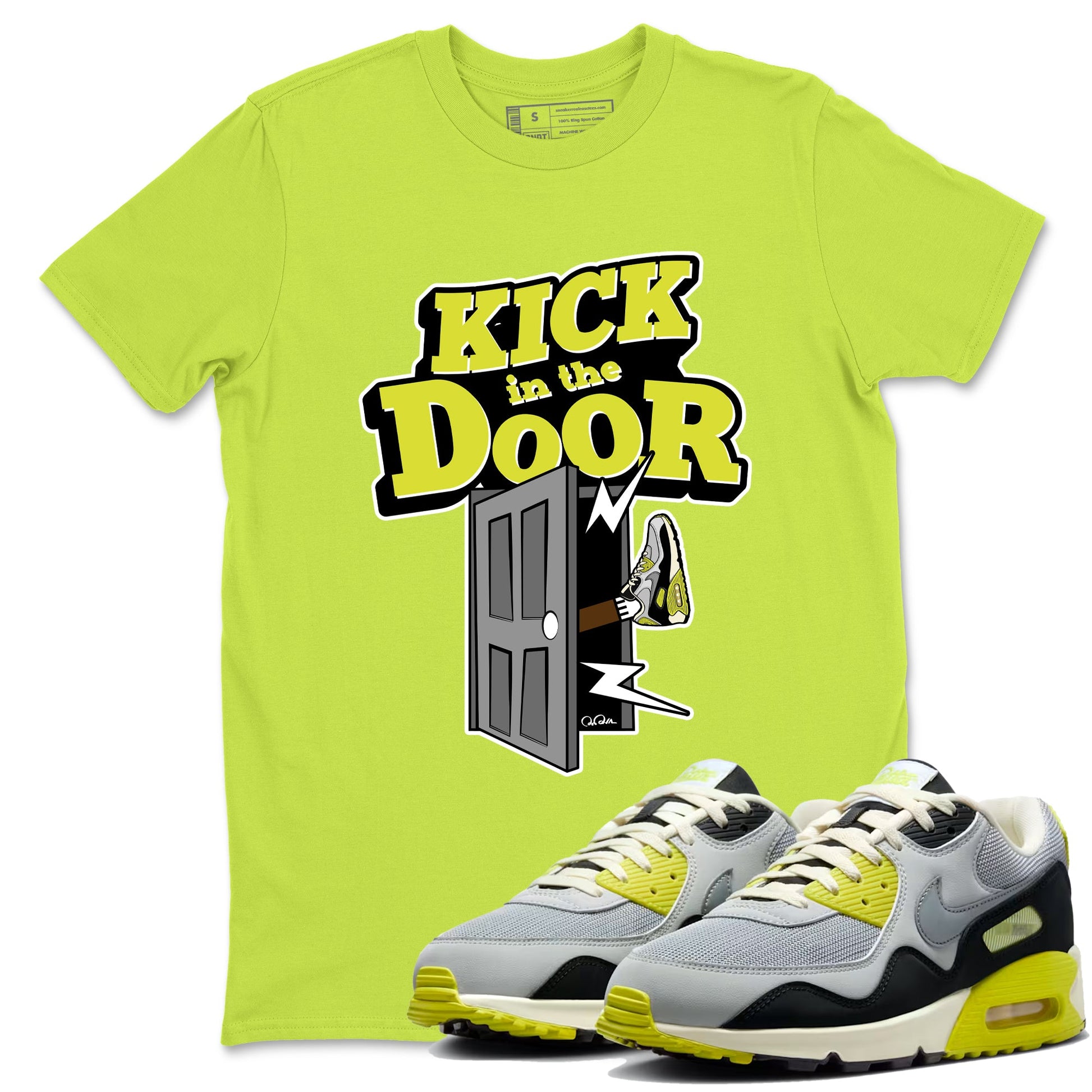 Kick In The Door sneaker match t-shirt styled to complete your fit with the Air Max 90 Cyber sneakers, shown in Safety Green 1.