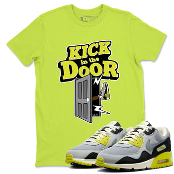 Kick In The Door sneaker match t-shirt styled to complete your fit with the Air Max 90 Cyber sneakers, shown in Safety Green 1.