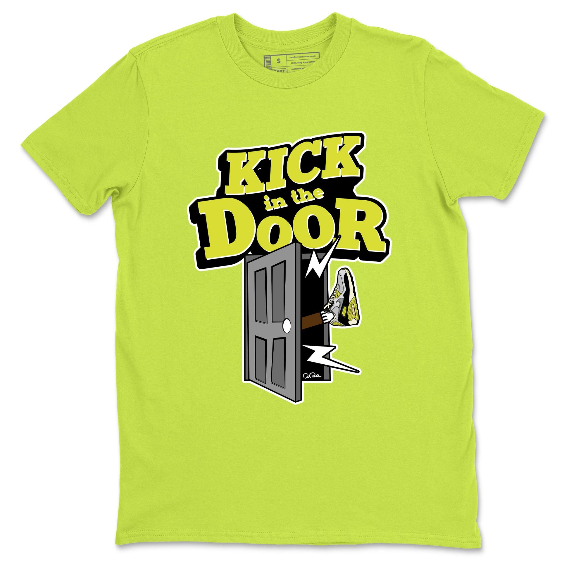 Kick In The Door sneaker match t-shirt styled to complete your fit with the Air Max 90 Cyber sneakers, shown in Safety Green 2.