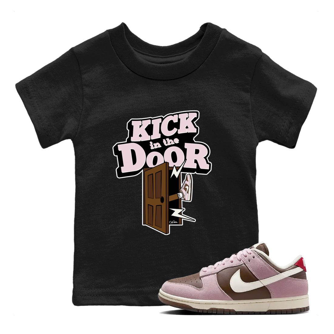 Dunk Cacao Wow And Pink Foam shirts to match jordans Kick In The Door sneaker match tees Dunk Cacao Wow And Pink Foam SNRT Sneaker Tees streetwear brand Baby and Youth Black 1 cotton tee