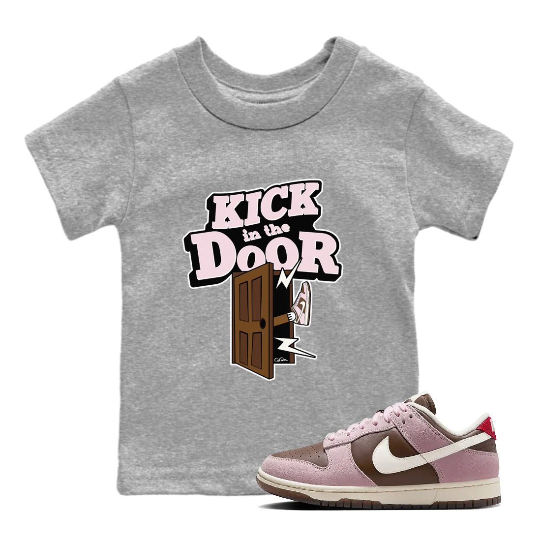 Dunk Cacao Wow And Pink Foam shirts to match jordans Kick In The Door sneaker match tees Dunk Cacao Wow And Pink Foam SNRT Sneaker Tees streetwear brand Baby and Youth Heather Grey 1 cotton tee