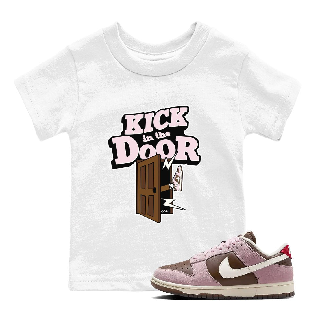 Dunk Cacao Wow And Pink Foam shirts to match jordans Kick In The Door sneaker match tees Dunk Cacao Wow And Pink Foam SNRT Sneaker Tees streetwear brand Baby and Youth White 1 cotton tee