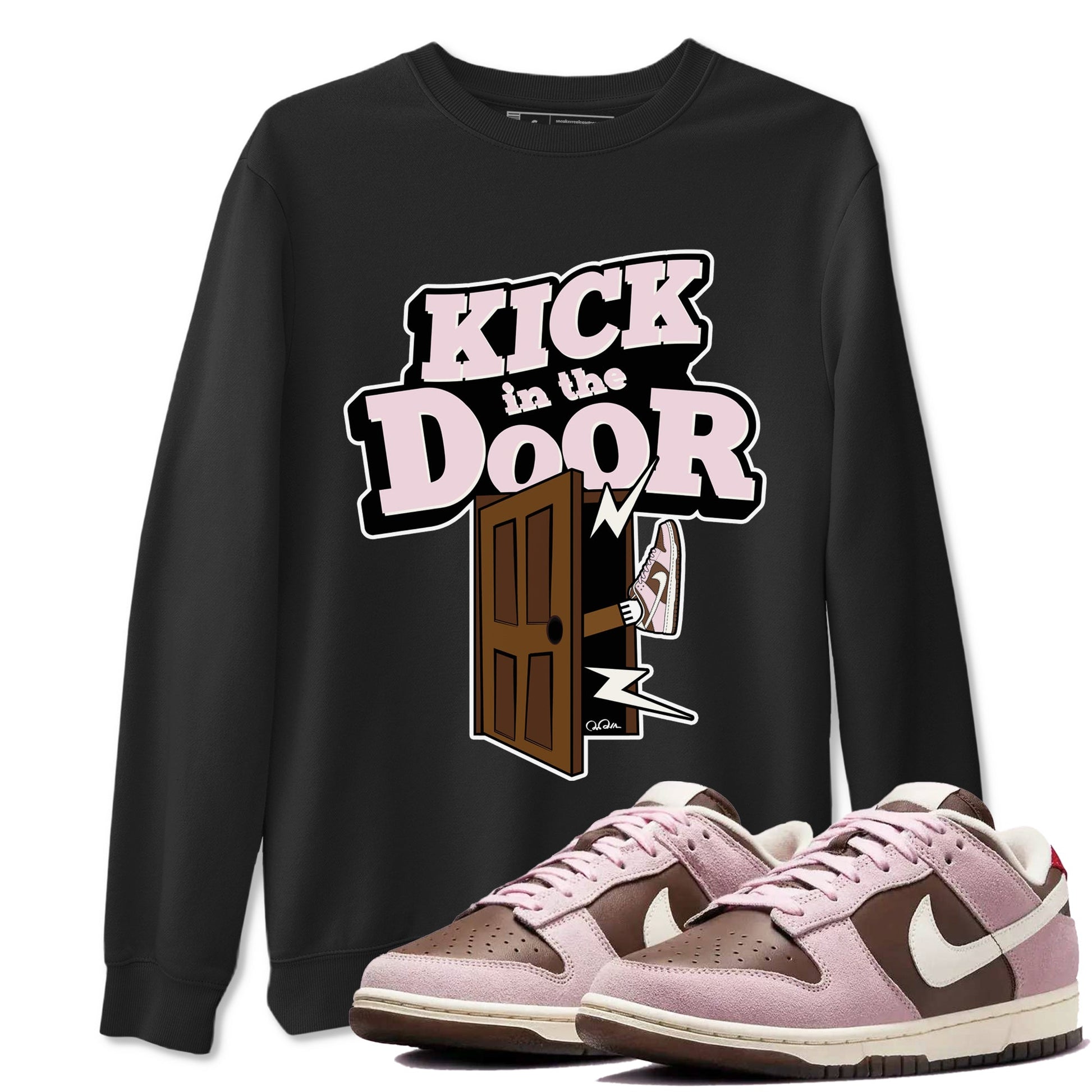 Dunk Cacao Wow And Pink Foam shirts to match jordans Kick In The Door sneaker match tees Dunk Cacao Wow And Pink Foam SNRT Sneaker Tees streetwear brand Black 1 unisex cotton tee