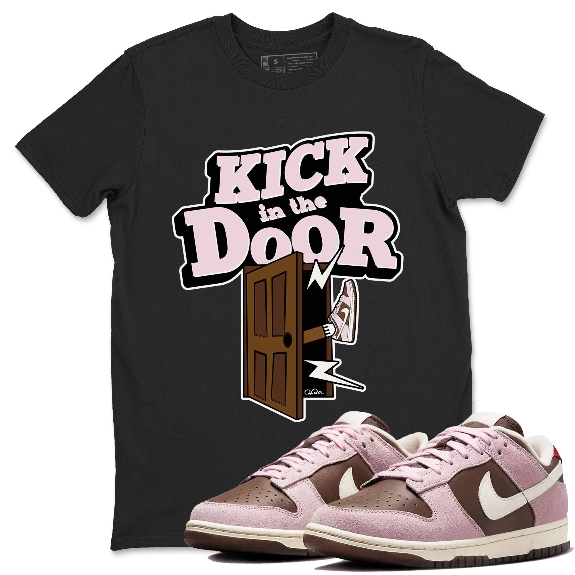 Dunk Cacao Wow And Pink Foam shirts to match jordans Kick In The Door sneaker match tees Dunk Cacao Wow And Pink Foam SNRT Sneaker Tees streetwear brand Black 1 unisex cotton tee