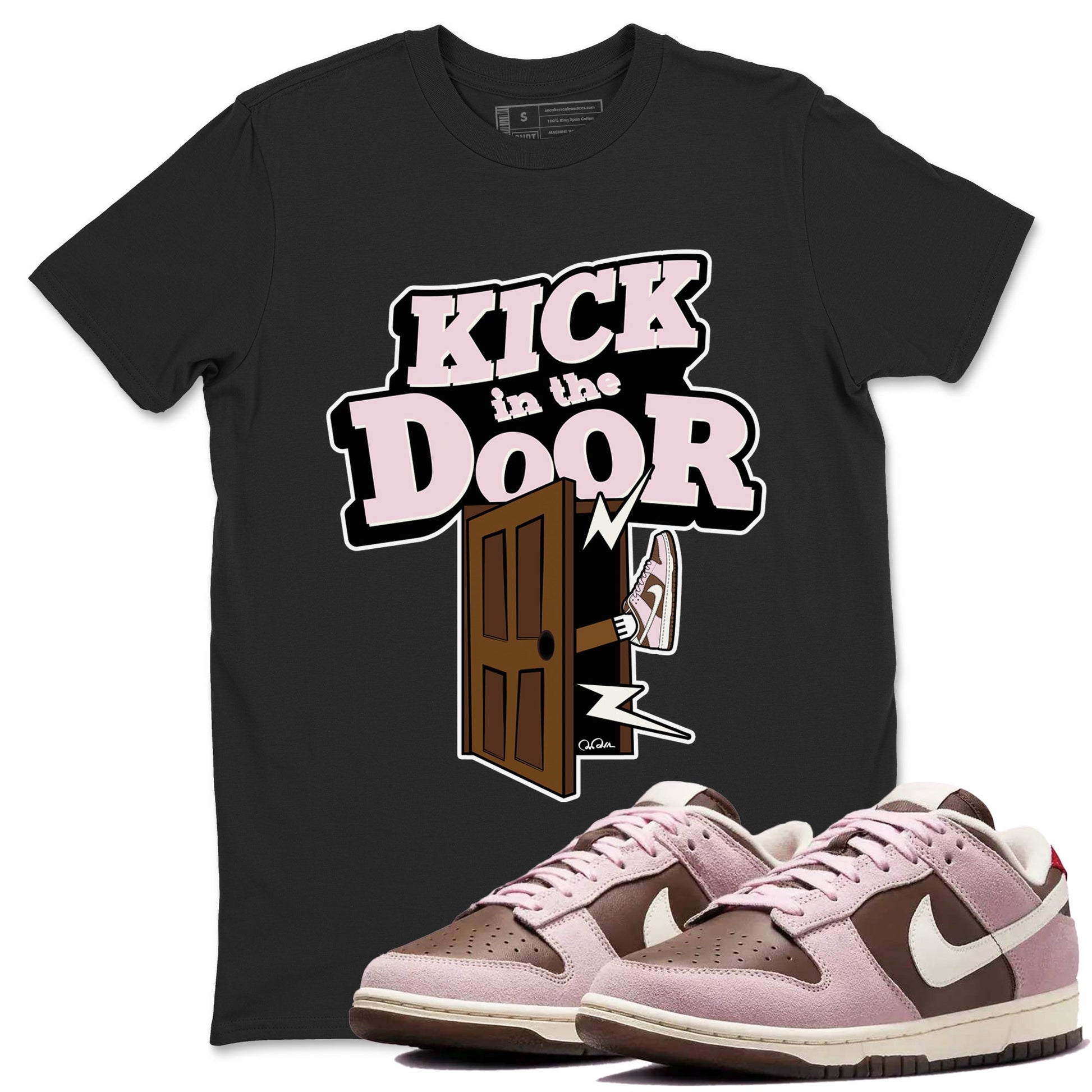 Dunk Cacao Wow And Pink Foam shirts to match jordans Kick In The Door sneaker match tees Dunk Cacao Wow And Pink Foam SNRT Sneaker Tees streetwear brand Black 1 unisex cotton tee