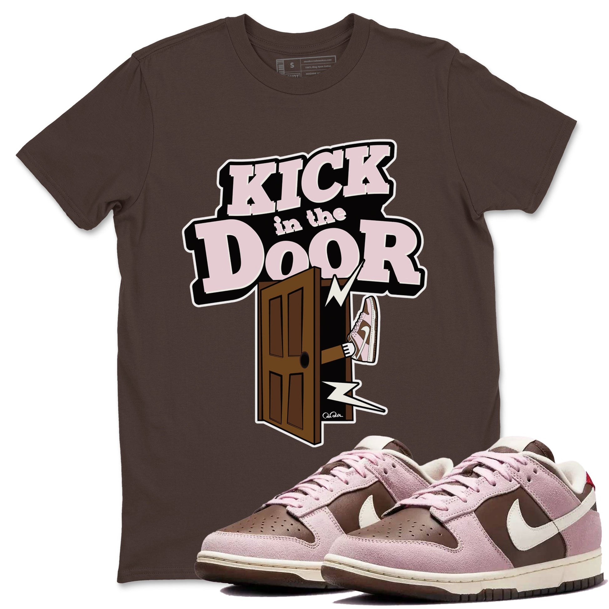 Dunk Cacao Wow And Pink Foam shirts to match jordans Kick In The Door sneaker match tees Dunk Cacao Wow And Pink Foam SNRT Sneaker Tees streetwear brand Dark Chocolate 1 unisex cotton tee