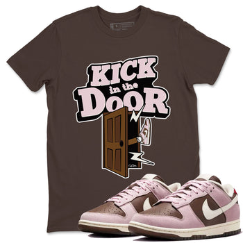 Dunk Cacao Wow And Pink Foam shirts to match jordans Kick In The Door sneaker match tees Dunk Cacao Wow And Pink Foam SNRT Sneaker Tees streetwear brand Dark Chocolate 1 unisex cotton tee
