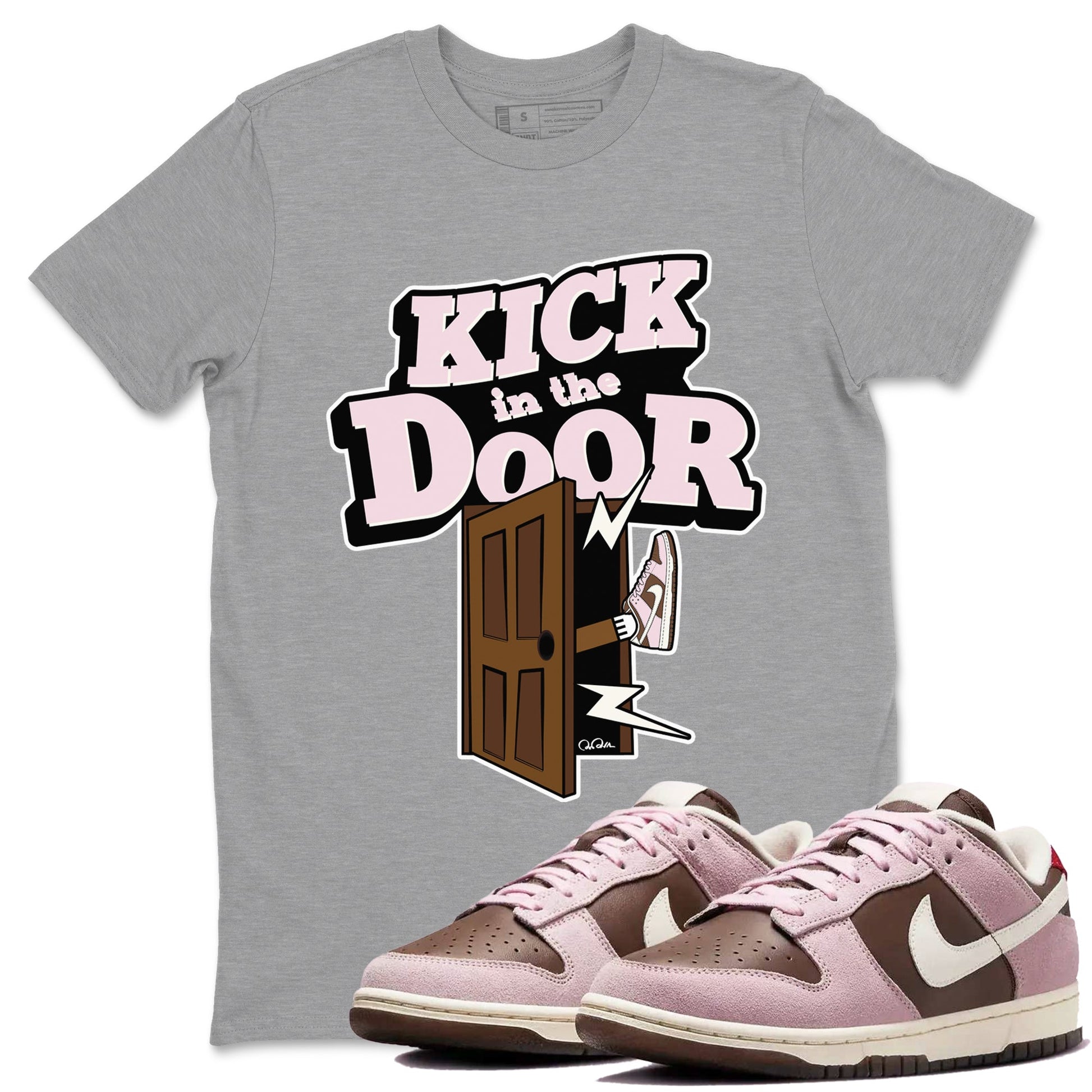 Dunk Cacao Wow And Pink Foam shirts to match jordans Kick In The Door sneaker match tees Dunk Cacao Wow And Pink Foam SNRT Sneaker Tees streetwear brand Heather Grey 1 unisex cotton tee