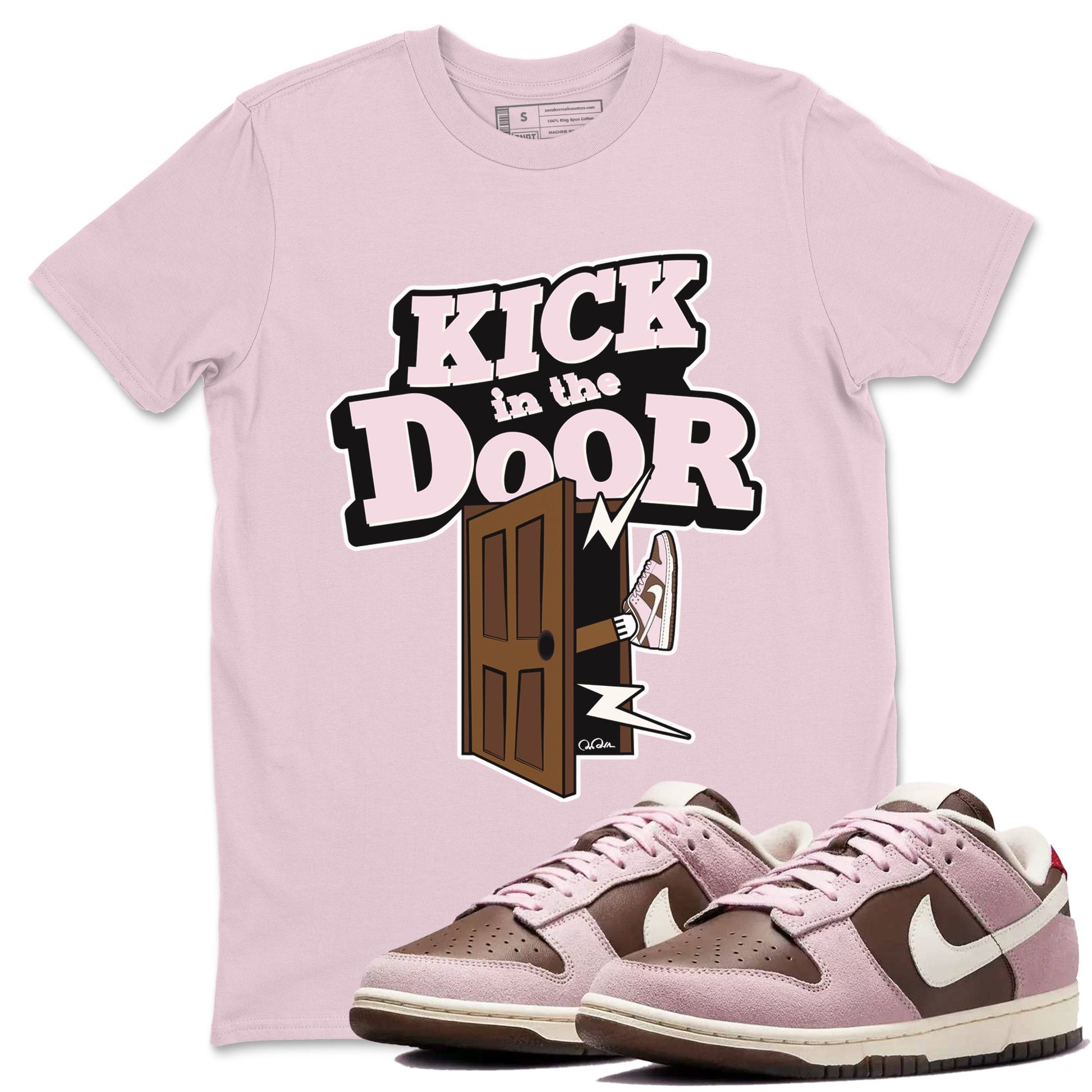 Dunk Cacao Wow And Pink Foam shirts to match jordans Kick In The Door sneaker match tees Dunk Cacao Wow And Pink Foam SNRT Sneaker Tees streetwear brand Pink 1 unisex cotton tee