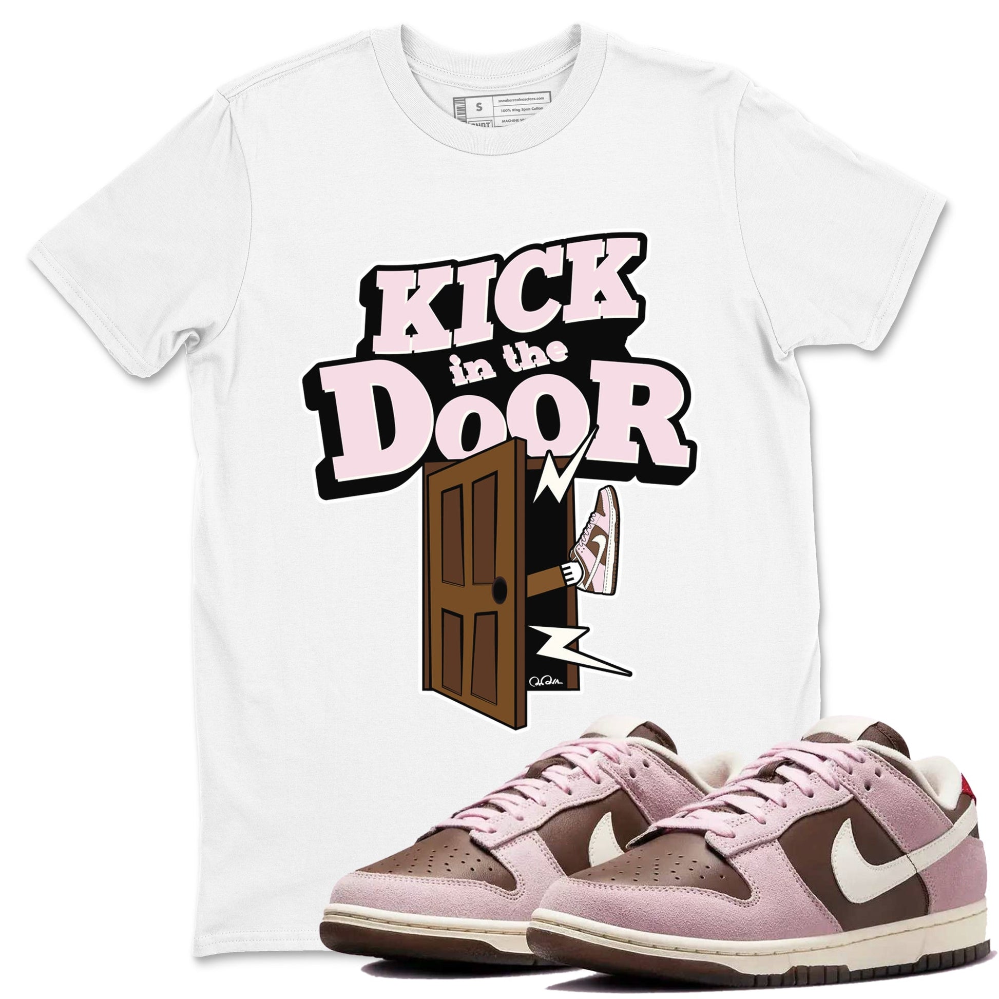 Dunk Cacao Wow And Pink Foam shirts to match jordans Kick In The Door sneaker match tees Dunk Cacao Wow And Pink Foam SNRT Sneaker Tees streetwear brand White 1 unisex cotton tee