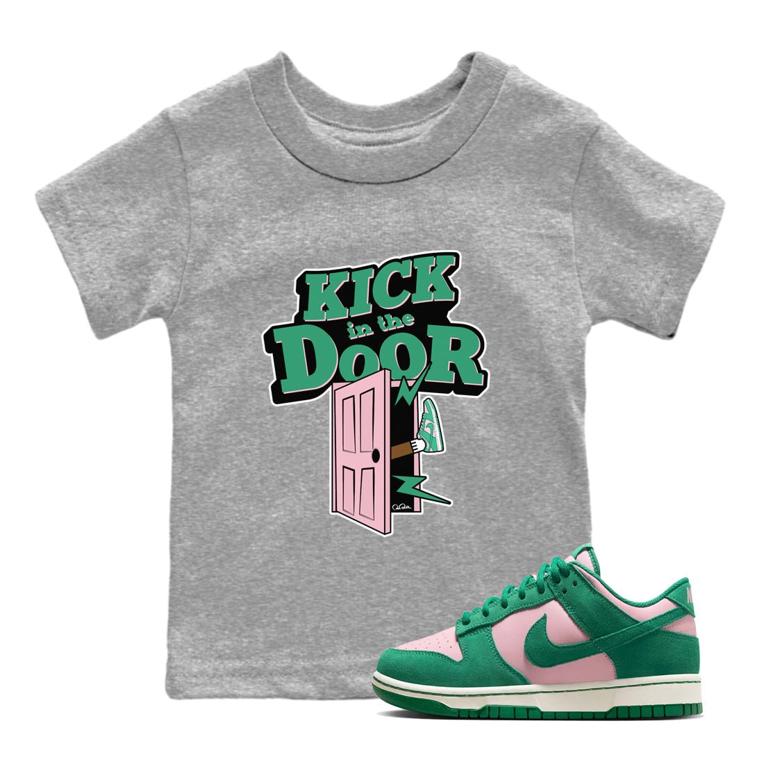 Dunk Low Medium Soft Pink Malachite shirt to match jordans Kick In The Door sneaker tees Dunk Medium Soft Pink Malachite SNRT sneaker release tees baby toddler Heather Grey 1 cotton Shirt